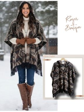 🌿Artisan Crafted Women's Medium Boho Hooded Cape Fringed Cardigan